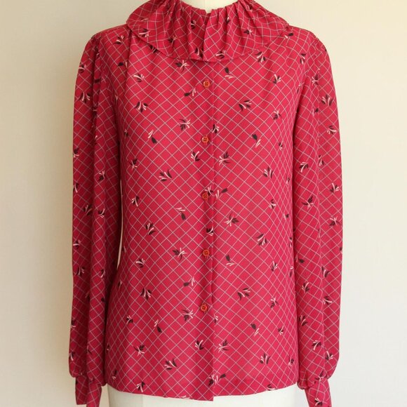 Vintage 1980s Blouse, Koret of California Red Windowpane Check Top with Ruffle - Picture 2 of 10